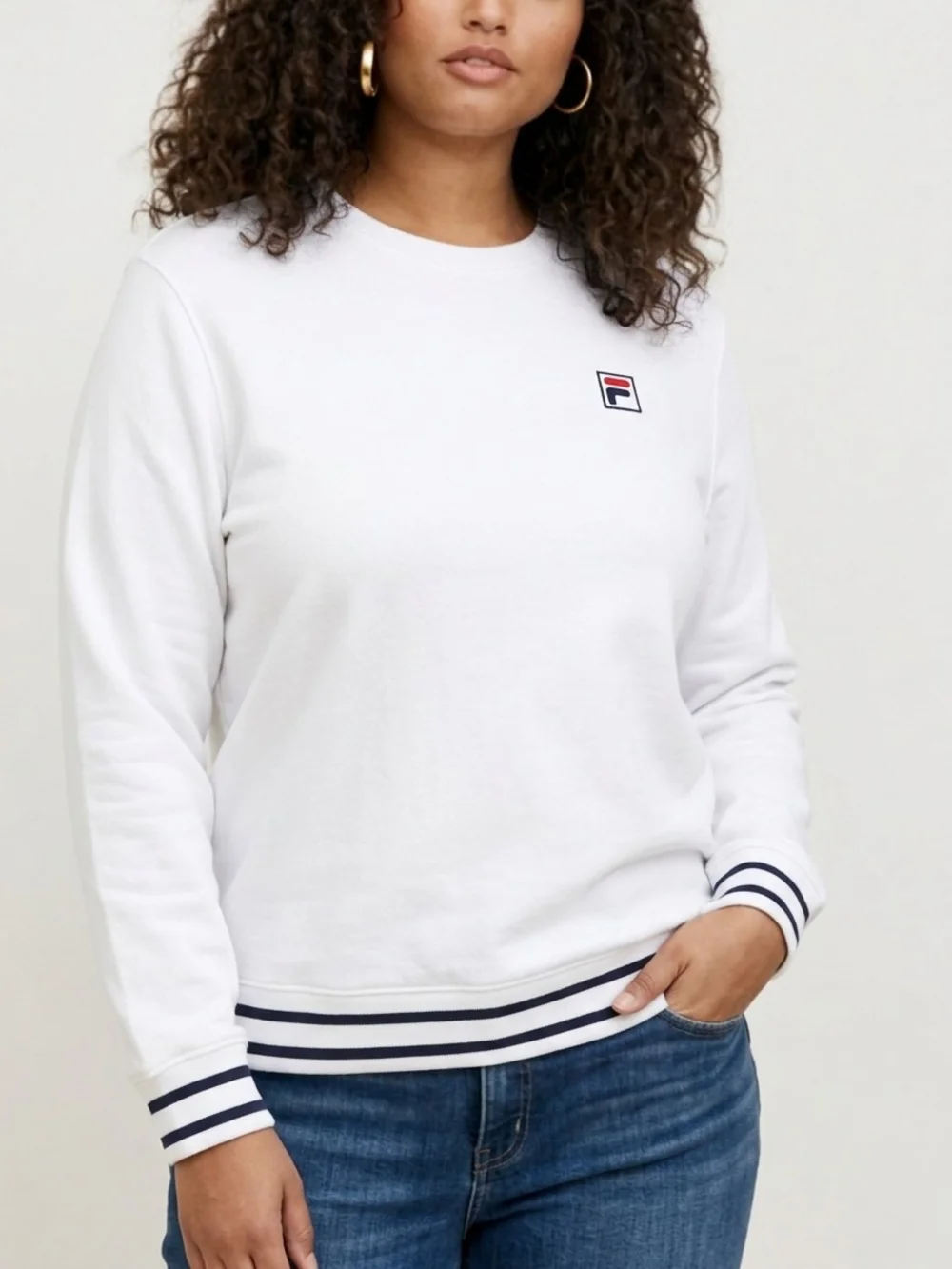 Fila White French Terry Crewneck Sweatshirt with Striped Trim Size XL - Picture 1 of 12